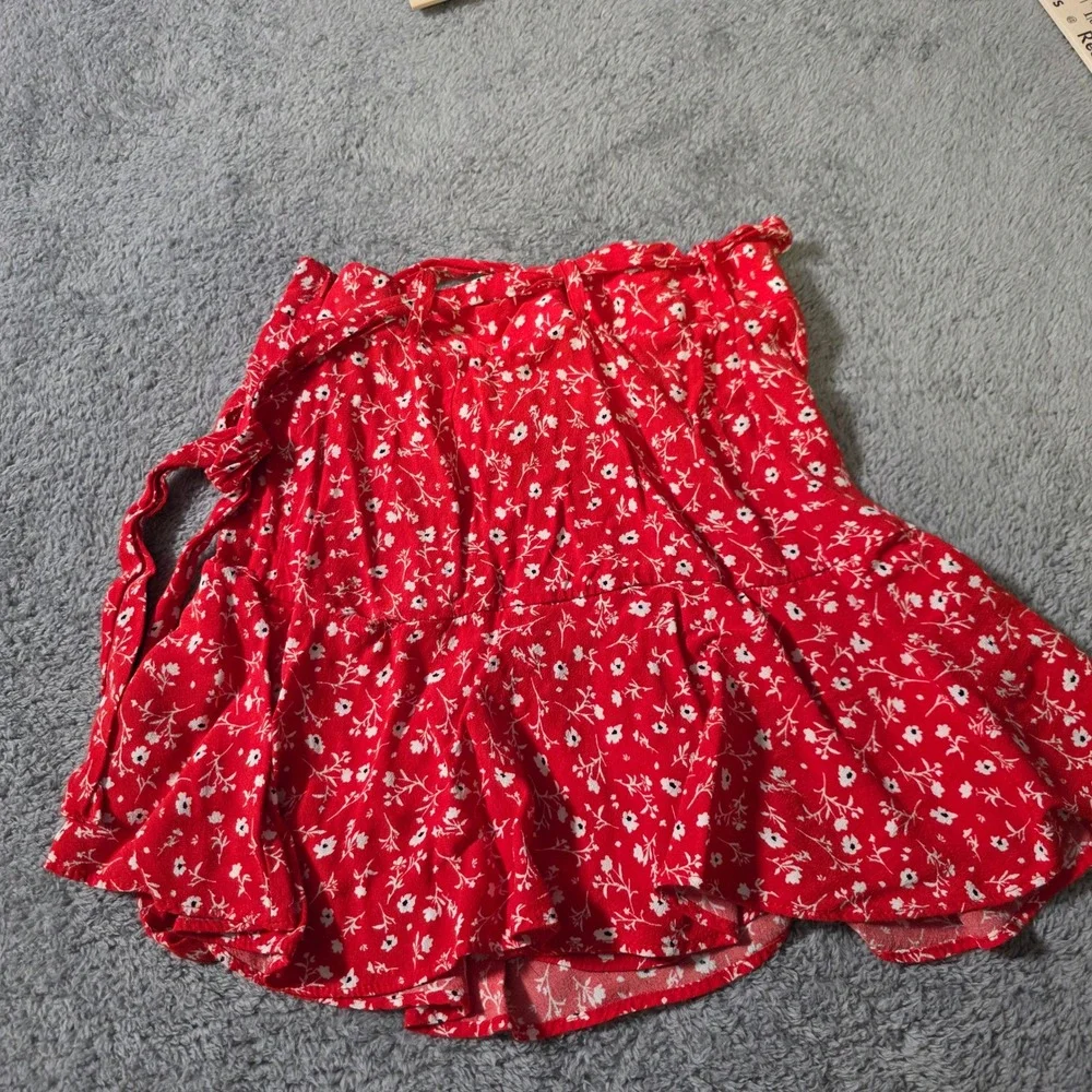 Zara Womens S Mini Skirt Red Floral Wrap Tie Waist Ruffle Hem Summer Cottagecore